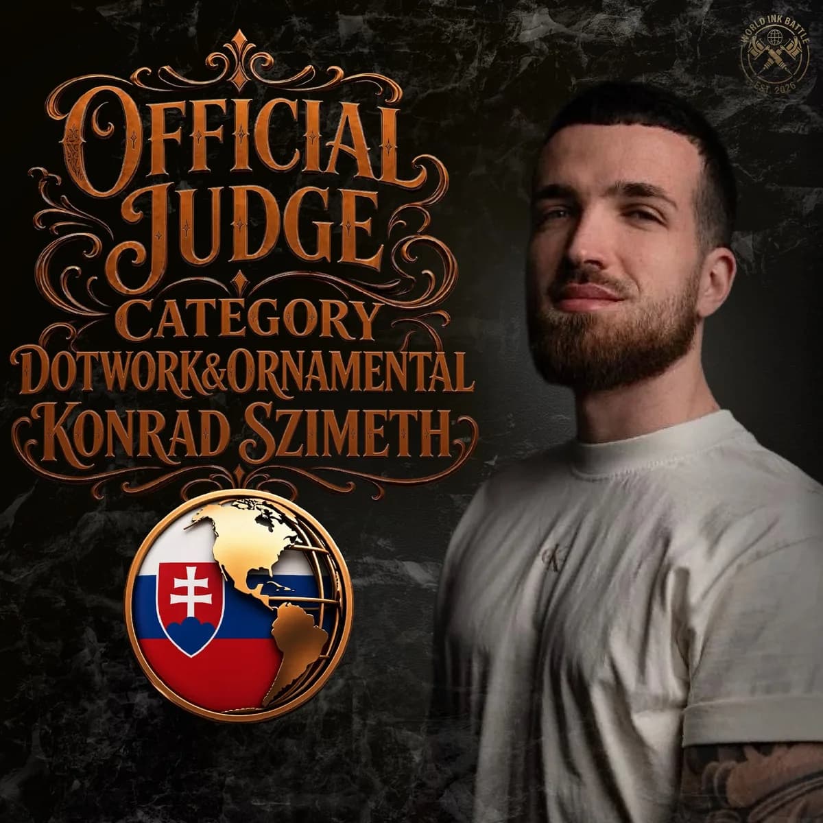 Official Dotwork Ornamental judge announcement featuring Konrad Szimet.