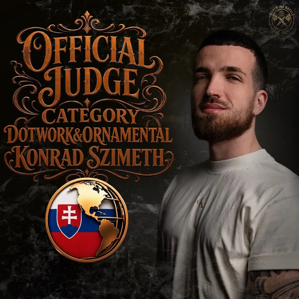 Official Dotwork Ornamental judge announcement featuring Konrad Szimet.